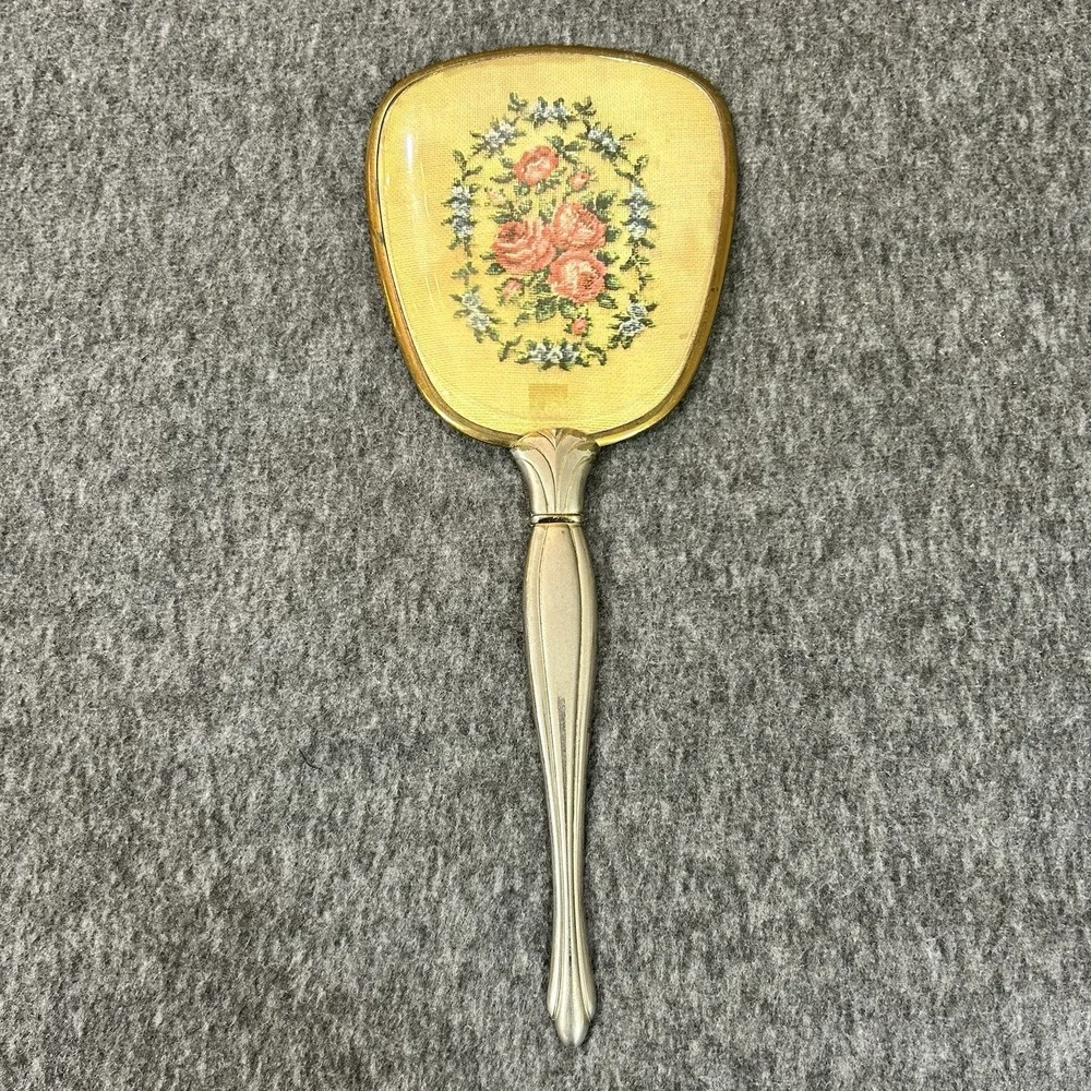 Mid Century Vintage Vanity Mirror Floral Paper Insert Gold Tone Handle Boudoir